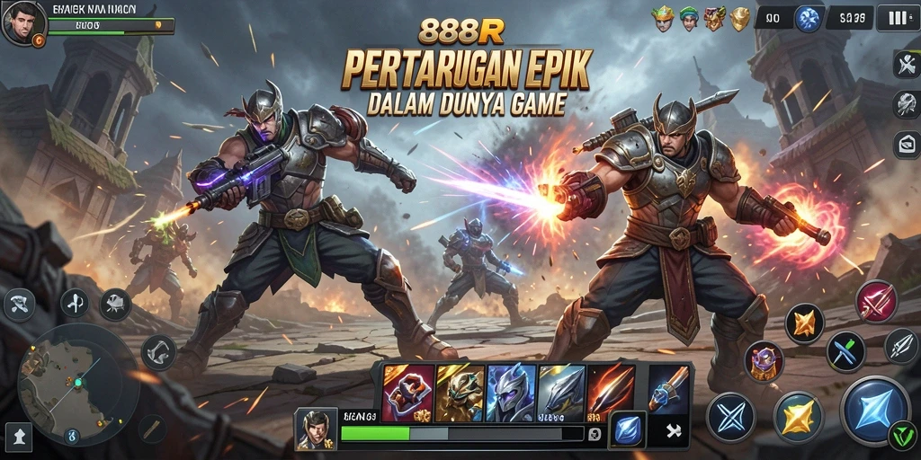 Screenshot utama menampilkan karakter bertarung di arena yang dinamis.