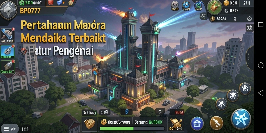 Tampilan gameplay BPO777 yang menarik dengan menara dan serangan musuh.