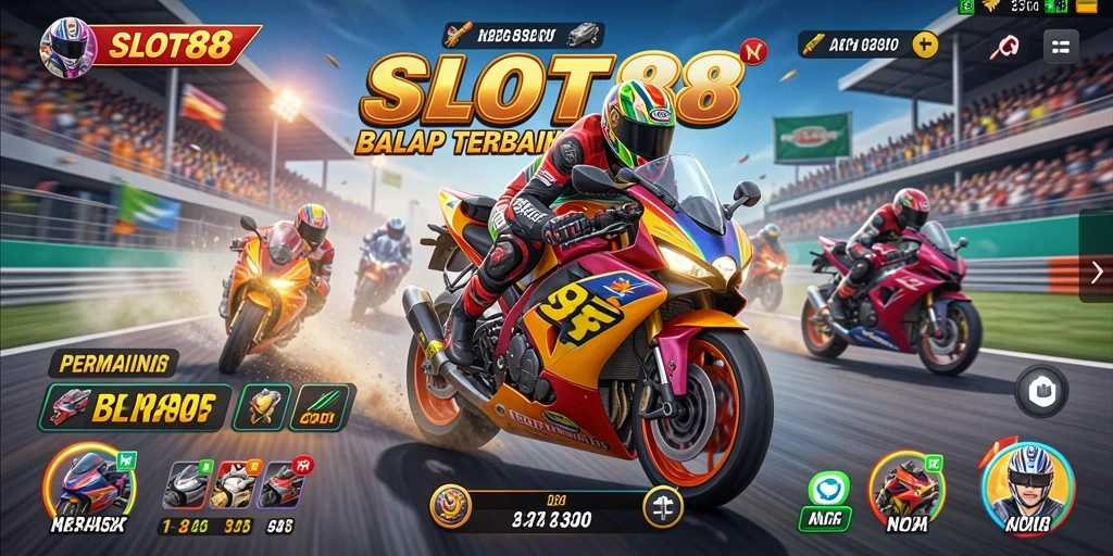 Screenshot gameplay SLOT88 yang menampilkan balapan motor yang mendebarkan.